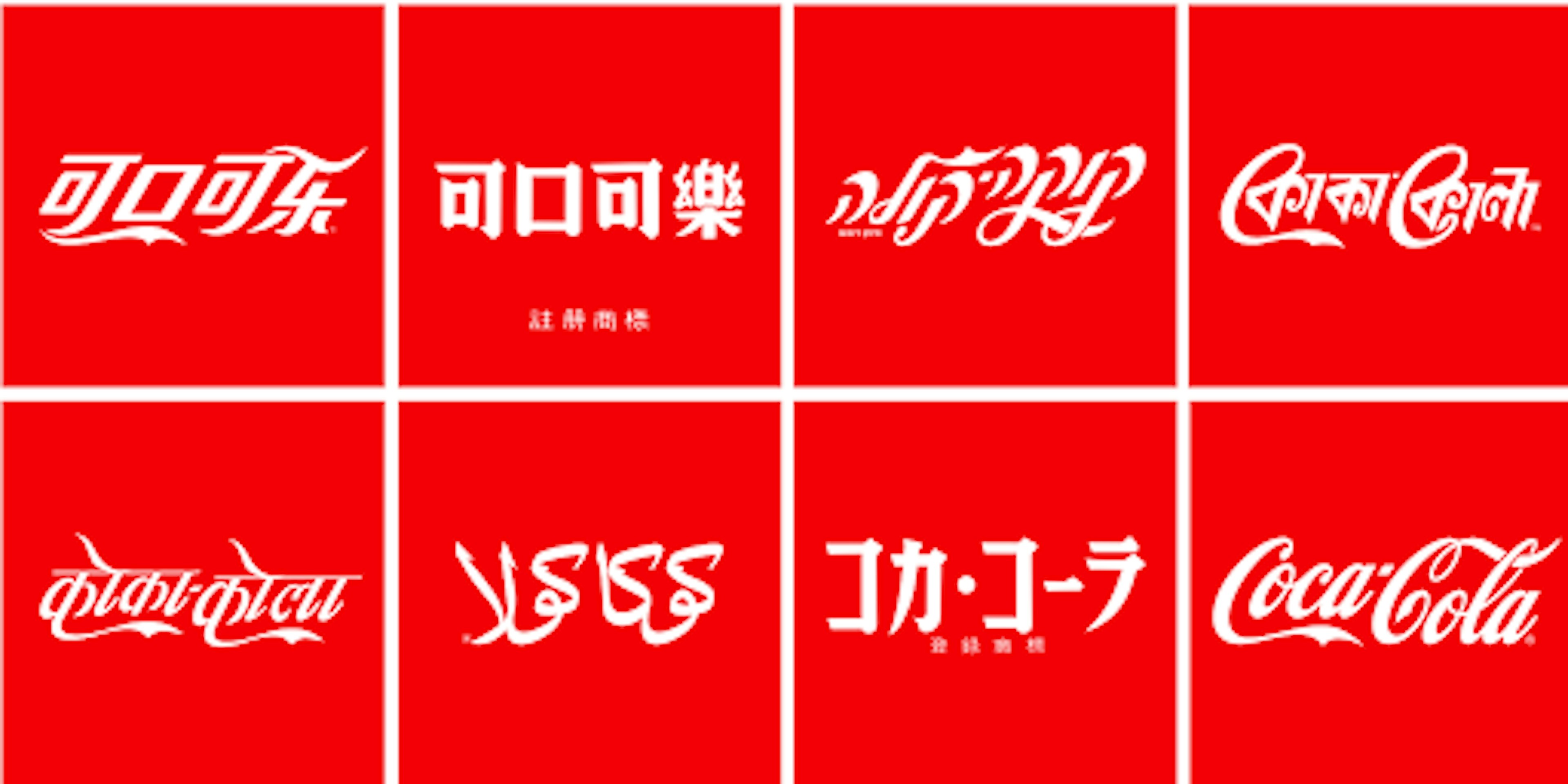Images of the iconic red Coca-Cola logo in eight different languages.