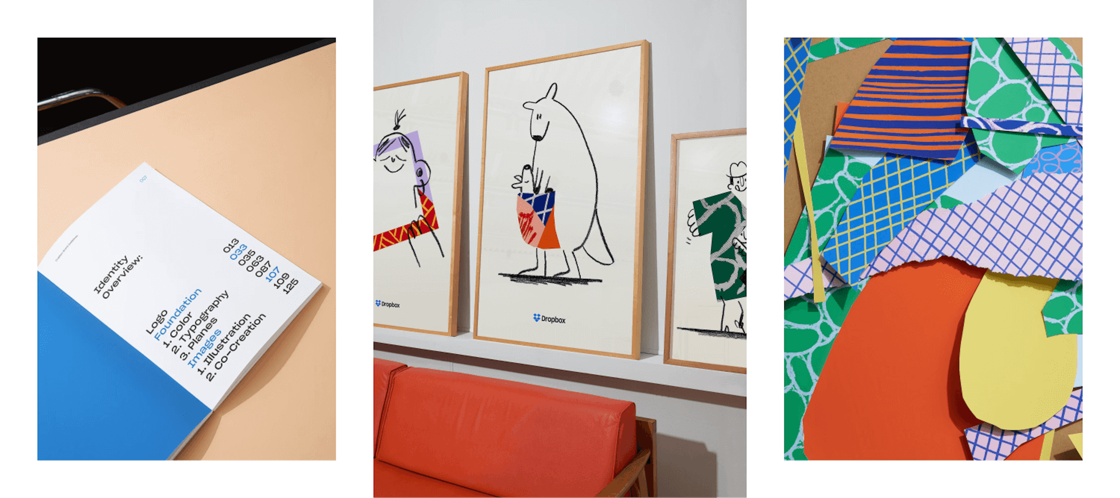 Key features of Dropbox's visual brand, from vibrant doodles to dynamic patterns.