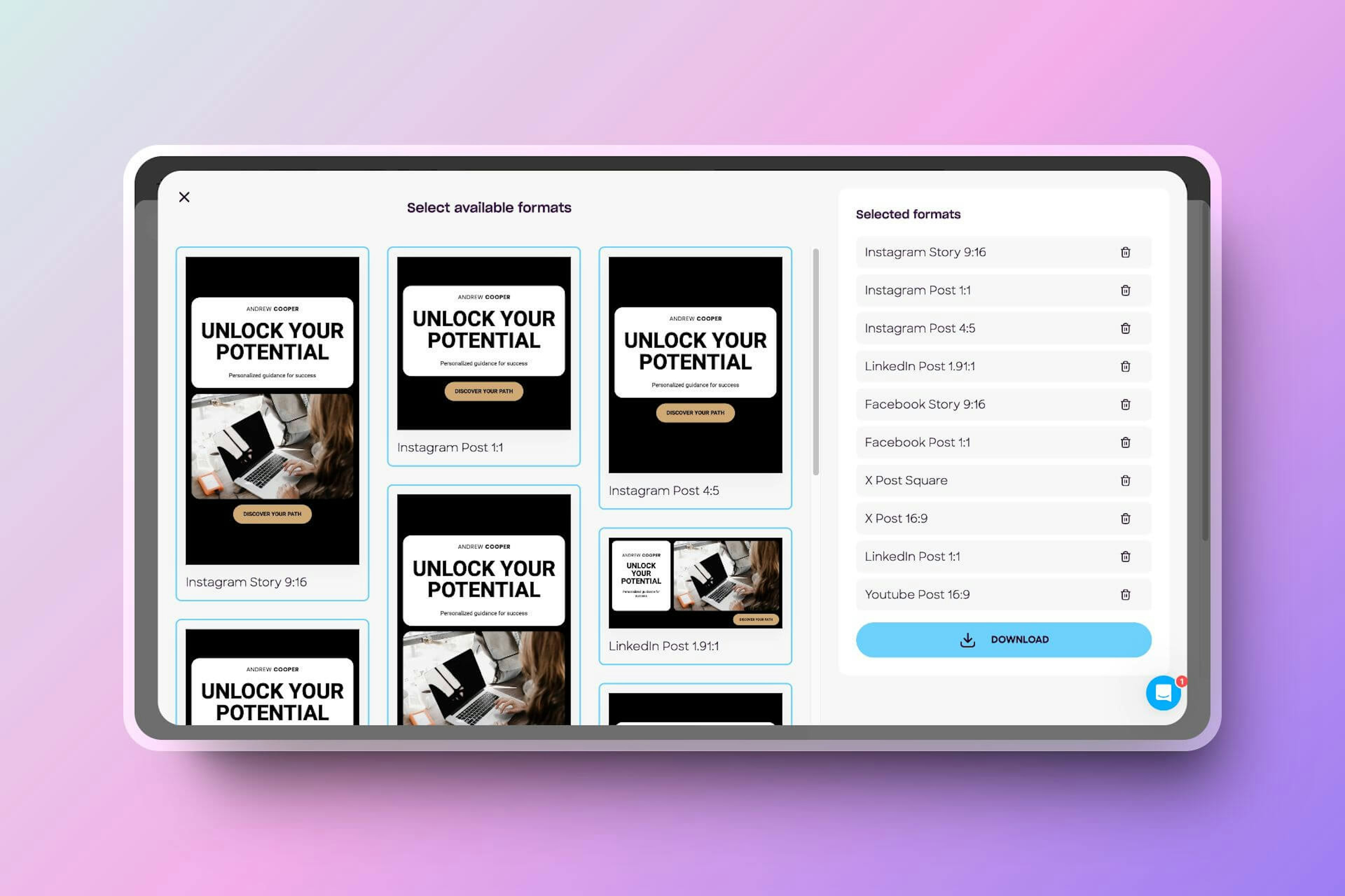 That's not all—designstripe also makes it easy to download designs optimized for all your social media platforms without the need for manual resizing