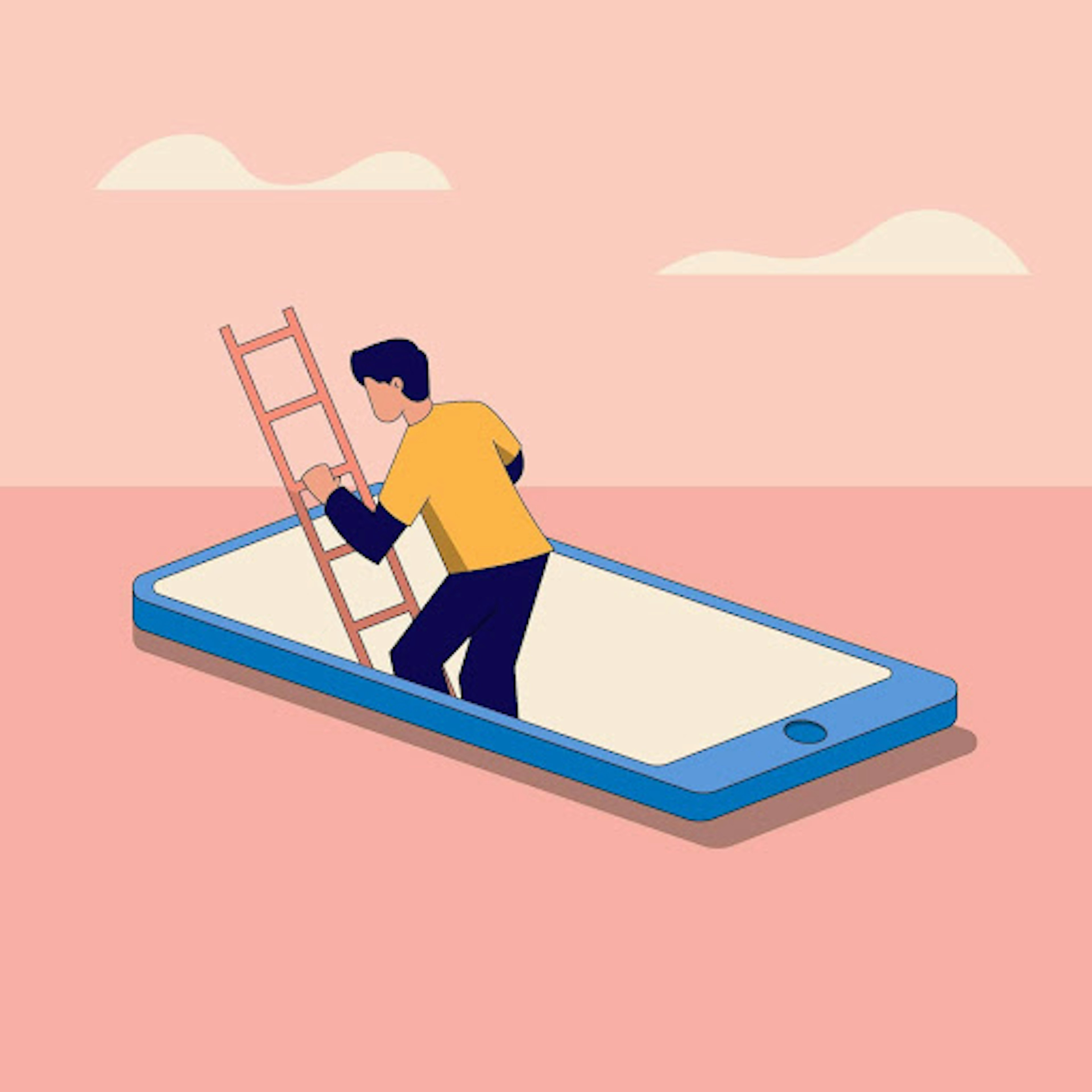 Man climbing out of giant iPhone with ladder. Illustration by Eva Wahyuni via Unsplash.