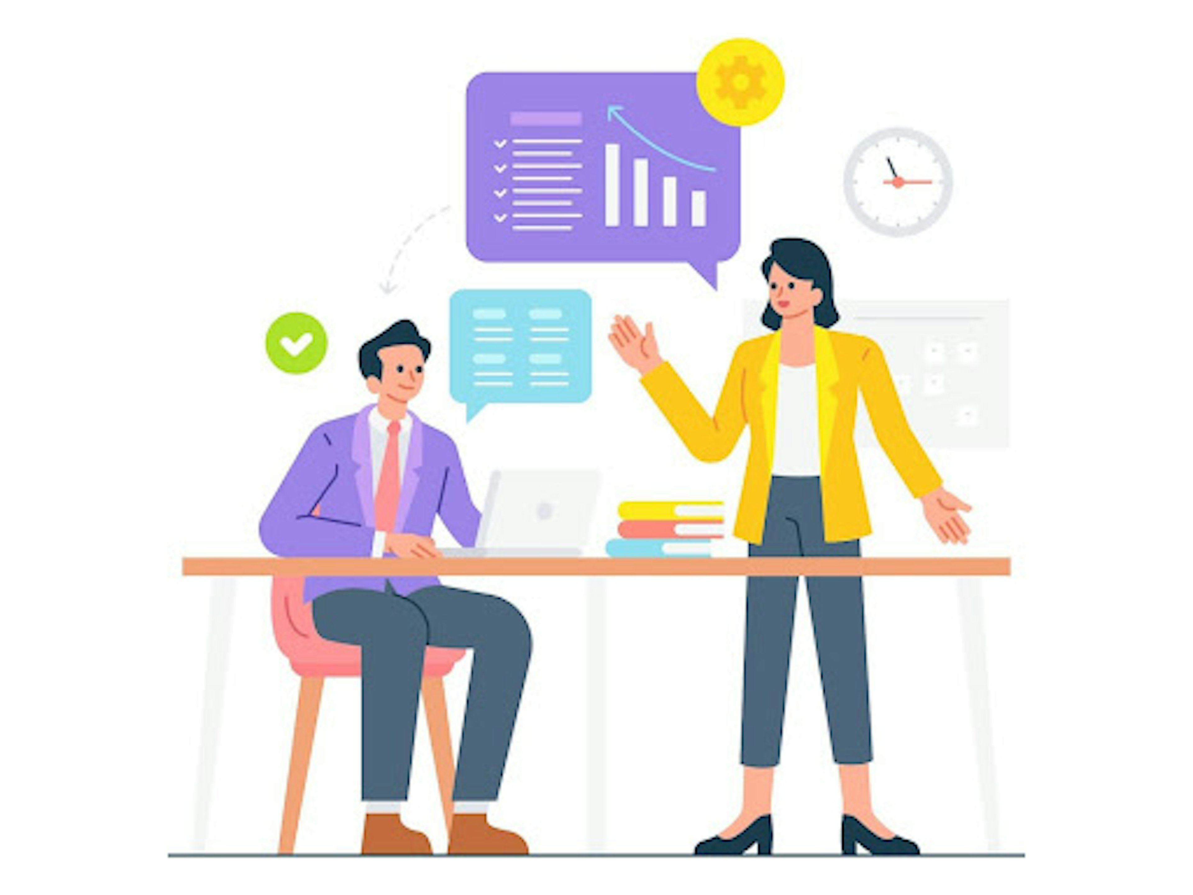 Illustration of a woman giving a presentation to a man sitting at a desk. The woman is smiling, and the man is listening intently.