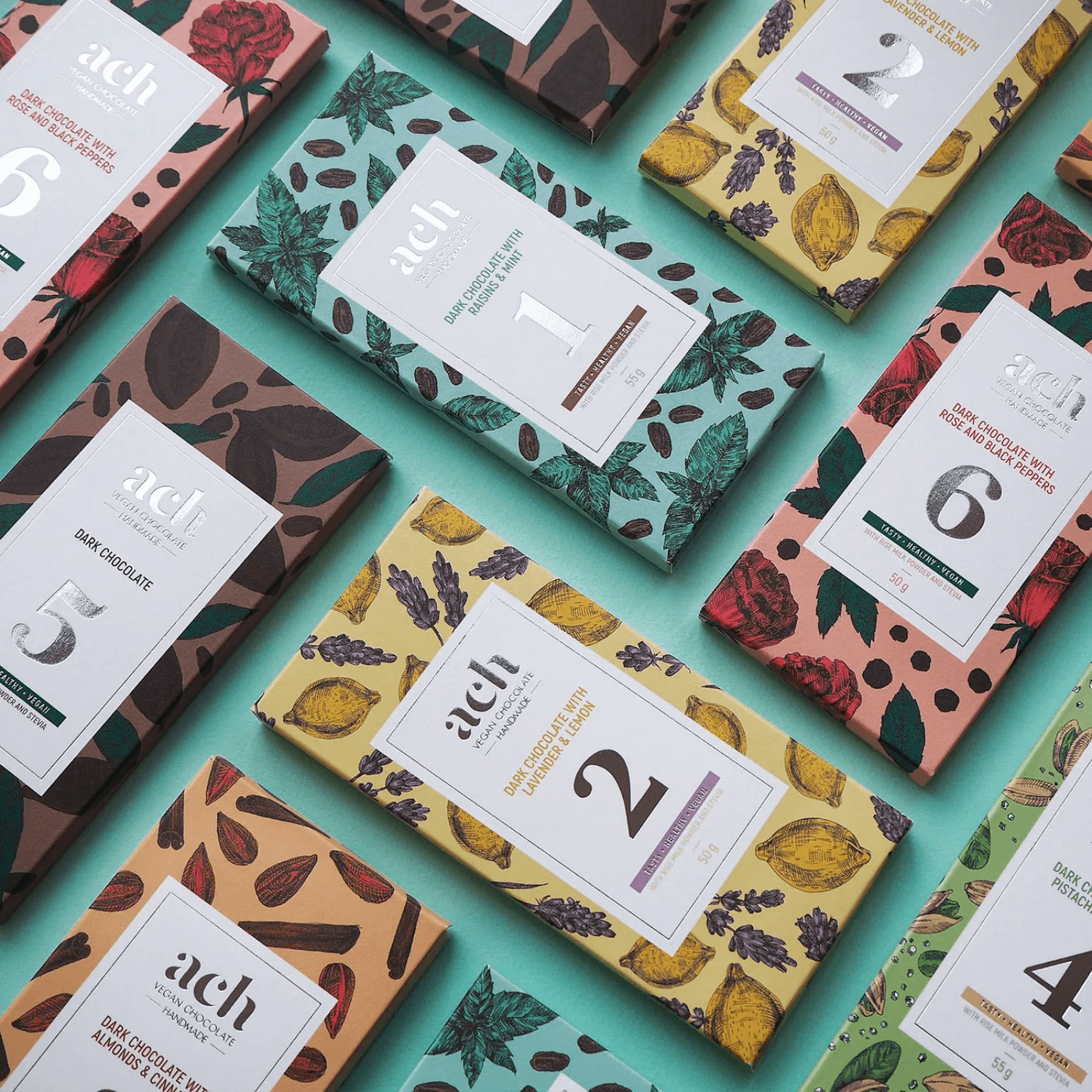 ACH Chocolate's packaging reflects the colors we see in nature.