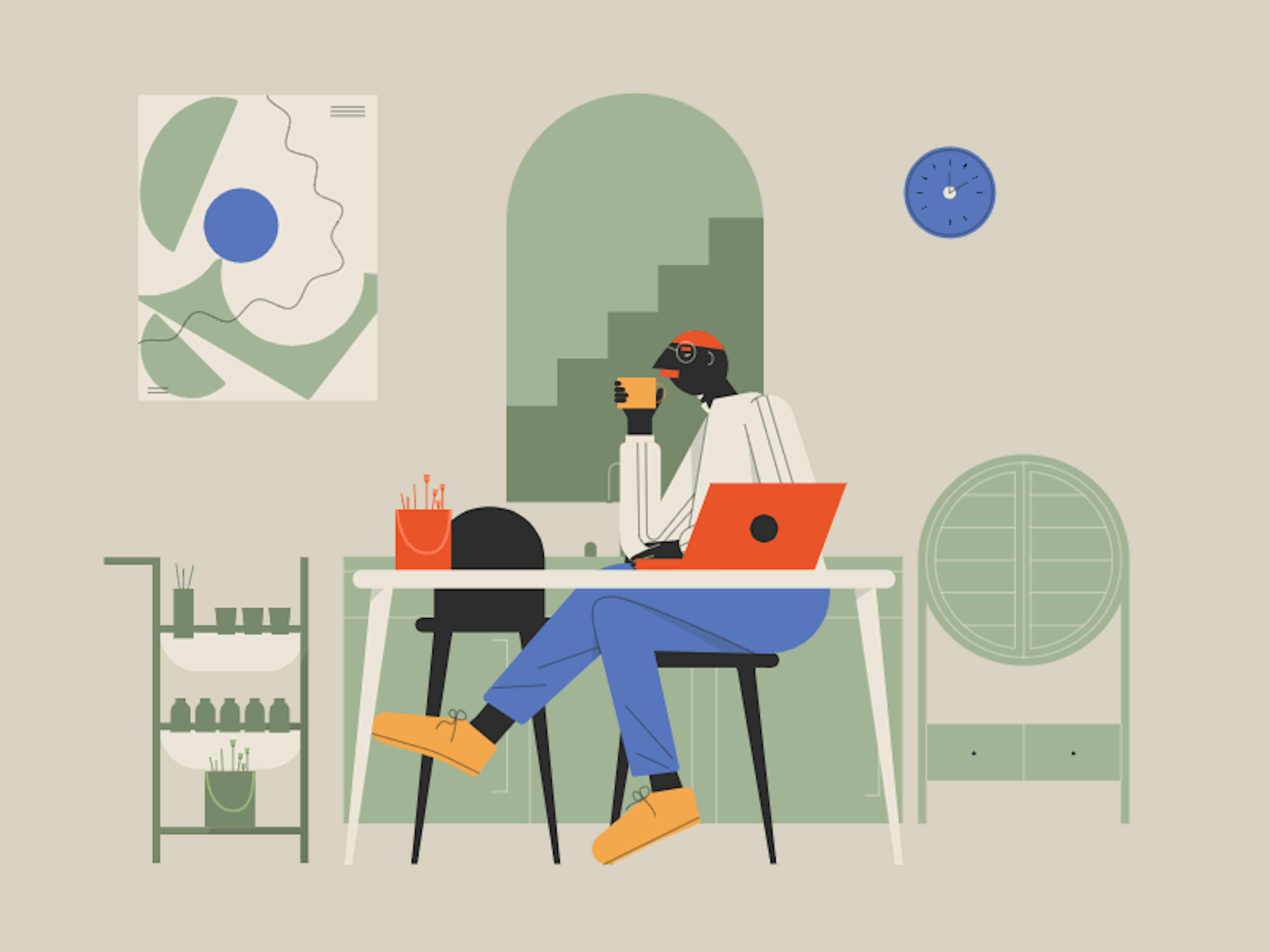 A person working from home in our Offbeat illustration style.