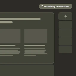 Visual product overview: AI sales deck agent presentation generator. AI agent streams in presentation slide layouts and generates a presentation.