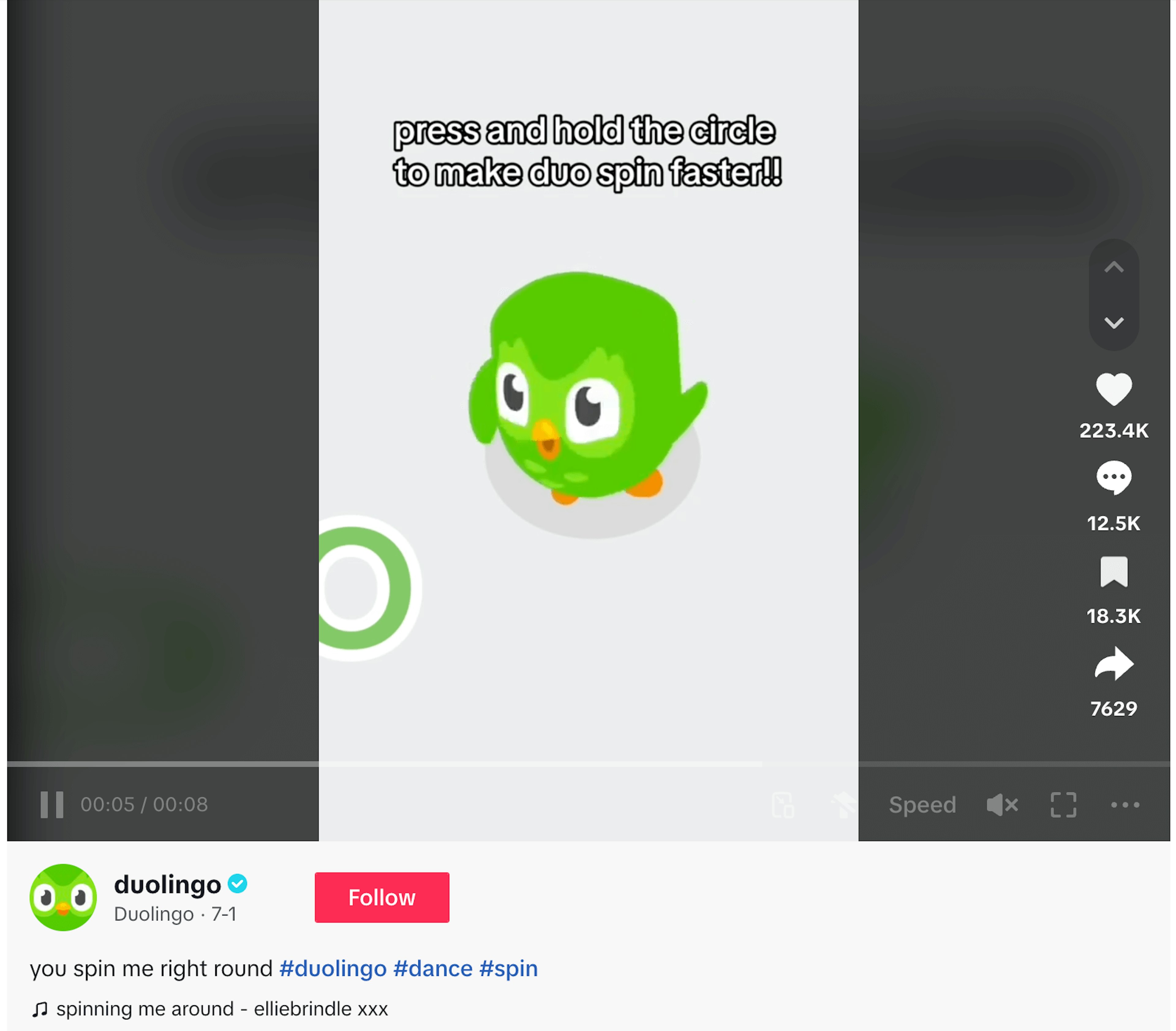 Duolingo's TikTok post featuring their quirky owl mascot perfectly demonstrates how visual engagement drives viral success.