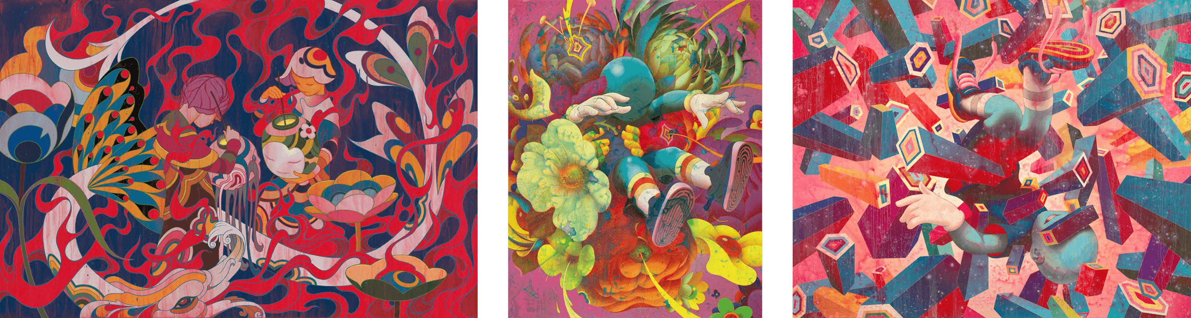 From left to right: Inferno III, Bouquet II and Descendent V by James Jean.