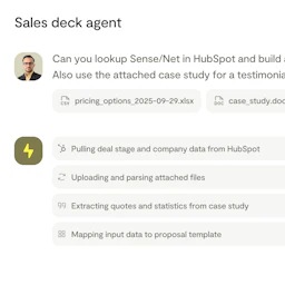 Visual product overview: AI sales deck agent chat interface. User queries AI chat to lookup company in HubSpot and create a presentation using an uploaded pricing sheet and case study.