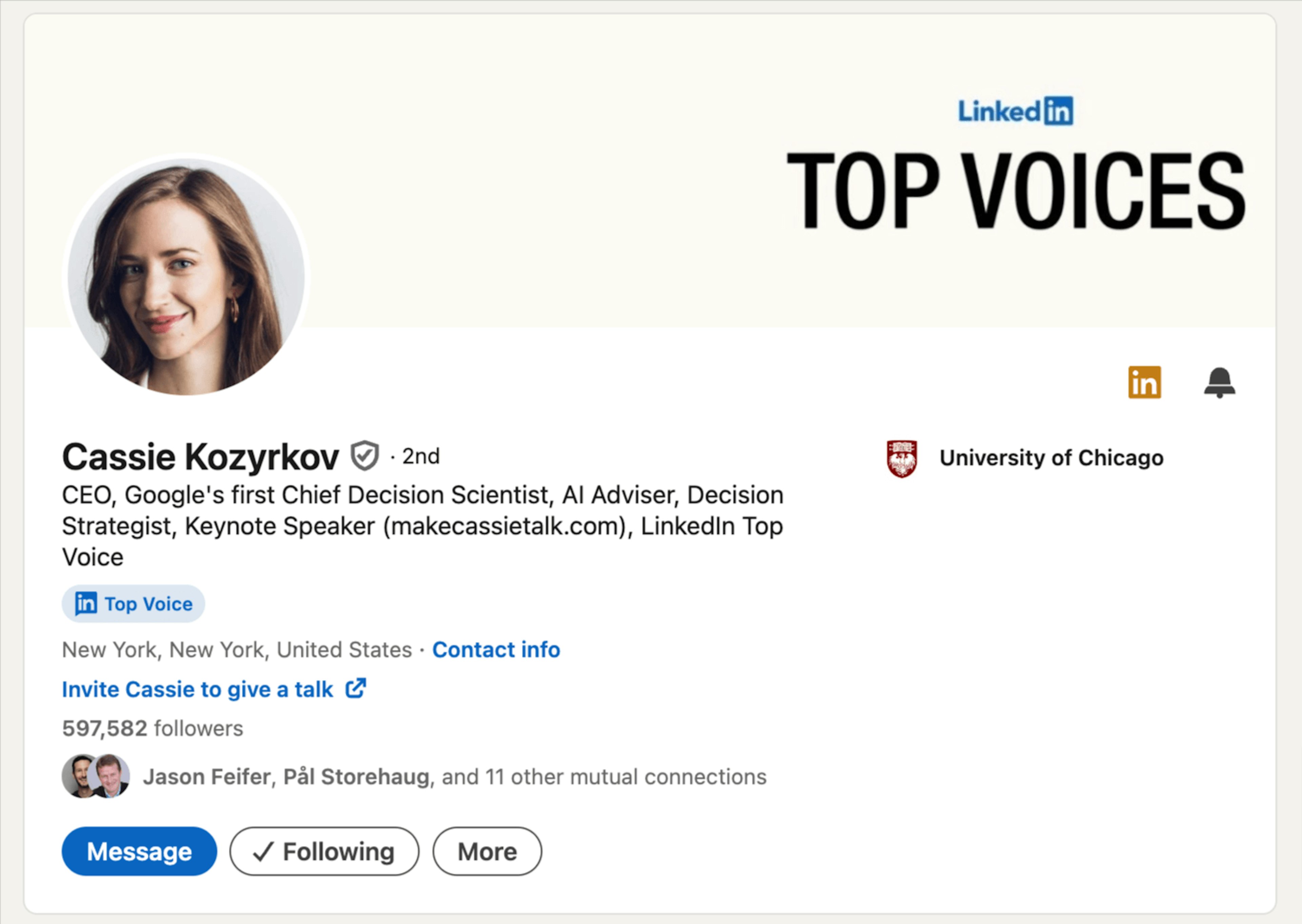 Cassie's LinkedIn profile for example, is a masterclass in personal branding.
